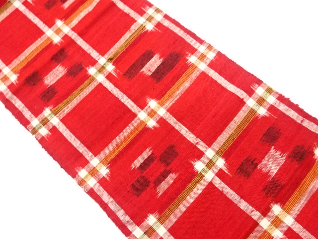 JAPANESE KIMONO / VINTAGE NAGOYA OBI / MAWATA TSUMUGI / WOVEN ABSTRACT GRID & KASURI PATTERN